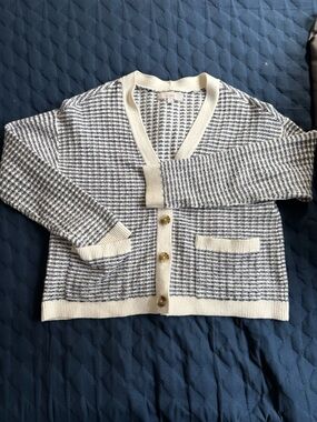 LOFT Cream and Navy Waffle-Knit V-Neck Cardigan